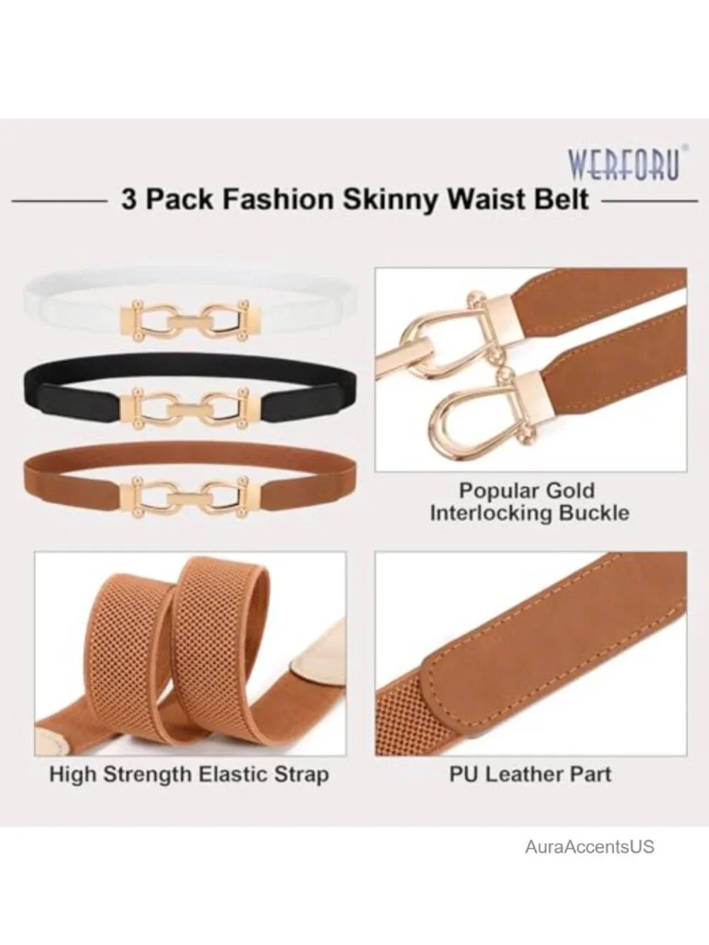 3 Pack Women's Stretchy Skinny Belt with Gold Buckle - Faux Leather
